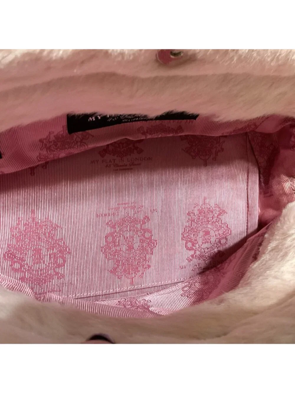 My Flat In London Scottie Pink Faux Fur Handbag With Chain Straps & Charm Accent
